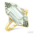 22X8 MM Evoque Gemstone Hexagon Shape Green Amethyst and 1/20 Ctw Round Cut Diamond Semi-Precious Ring in 14K Yellow Gold