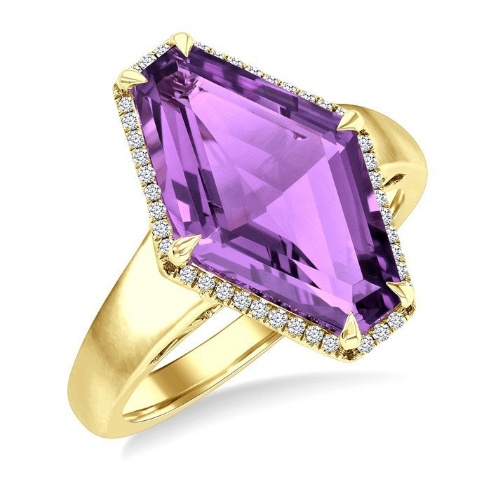 16X10 MM Evoque Gemstones Hexagon Shape Amethyst and 1/10 Ctw Round Cut Diamond Halo Semi-Precious Ring in 14K Yellow Gold