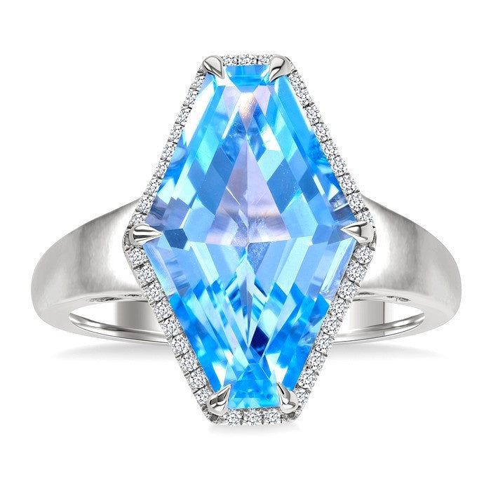 16X10 MM Evoque Gemstones Hexagon Shape Blue Topaz and 1/10 Ctw Round Cut Diamond Halo Semi-Precious Ring in 14K White Gold