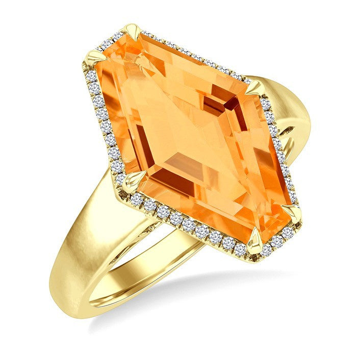 16X10 MM Evoque Gemstone Hexagon Shape Citrine and 1/10 Ctw Round Cut Diamond Halo Semi-Precious Ring in 14K Yellow Gold