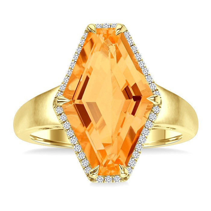 16X10 MM Evoque Gemstone Hexagon Shape Citrine and 1/10 Ctw Round Cut Diamond Halo Semi-Precious Ring in 14K Yellow Gold
