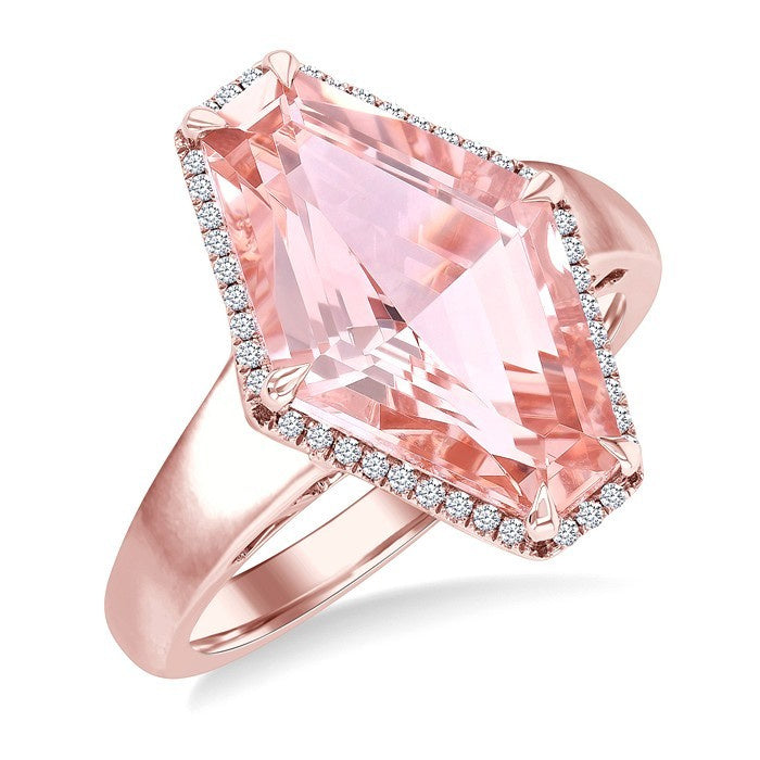 16X10 MM Evoque Gemstones Hexagon Shape Morganite and 1/10 Ctw Round Cut Diamond Halo Semi-Precious Ring in 14K Rose Gold