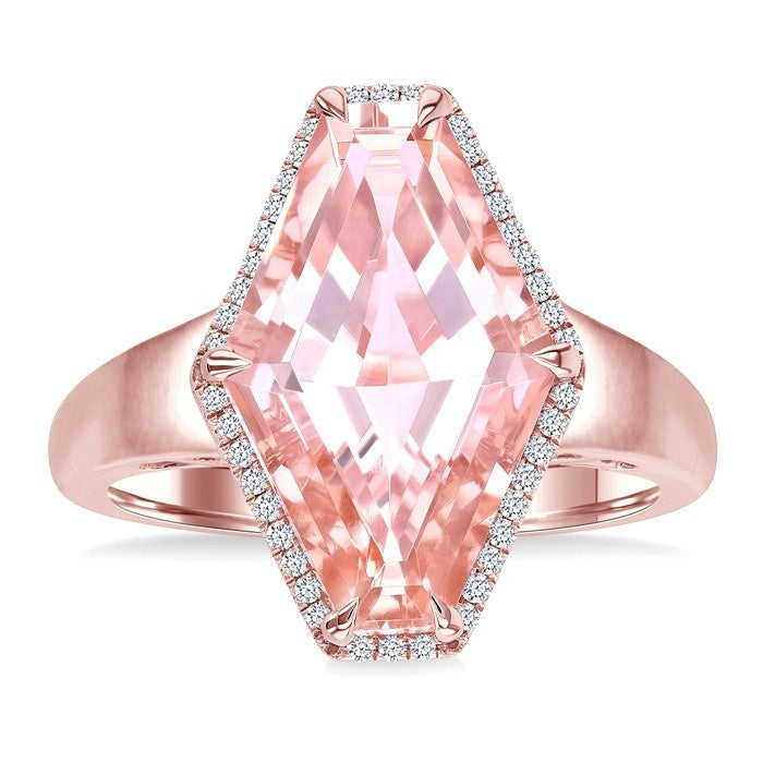 16X10 MM Evoque Gemstones Hexagon Shape Morganite and 1/10 Ctw Round Cut Diamond Halo Semi-Precious Ring in 14K Rose Gold