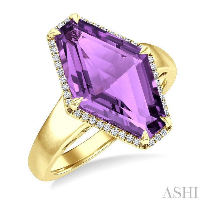 16X10 MM Evoque Gemstones Hexagon Shape Amethyst and 1/10 Ctw Round Cut Diamond Halo Semi-Precious Ring in 14K Yellow Gold