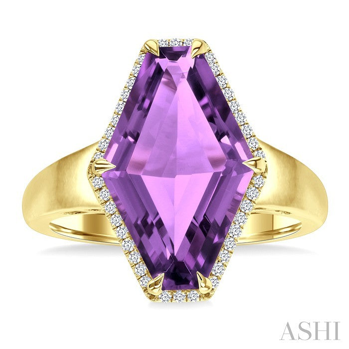 16X10 MM Evoque Gemstones Hexagon Shape Amethyst and 1/10 Ctw Round Cut Diamond Halo Semi-Precious Ring in 14K Yellow Gold