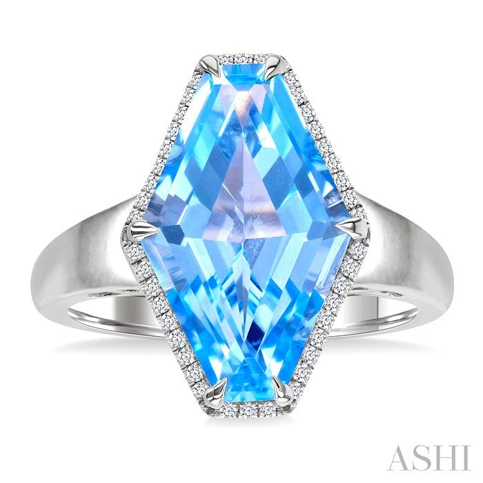 16X10 MM Evoque Gemstones Hexagon Shape Blue Topaz and 1/10 Ctw Round Cut Diamond Halo Semi-Precious Ring in 14K White Gold