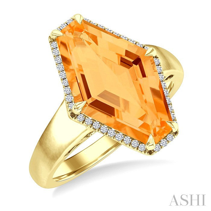 16X10 MM Evoque Gemstone Hexagon Shape Citrine and 1/10 Ctw Round Cut Diamond Halo Semi-Precious Ring in 14K Yellow Gold