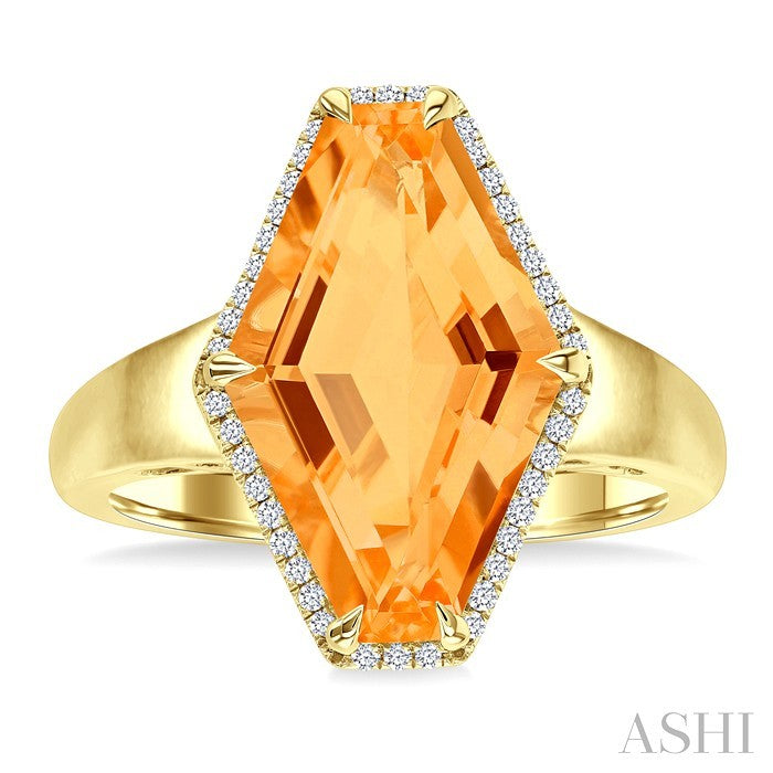 16X10 MM Evoque Gemstone Hexagon Shape Citrine and 1/10 Ctw Round Cut Diamond Halo Semi-Precious Ring in 14K Yellow Gold
