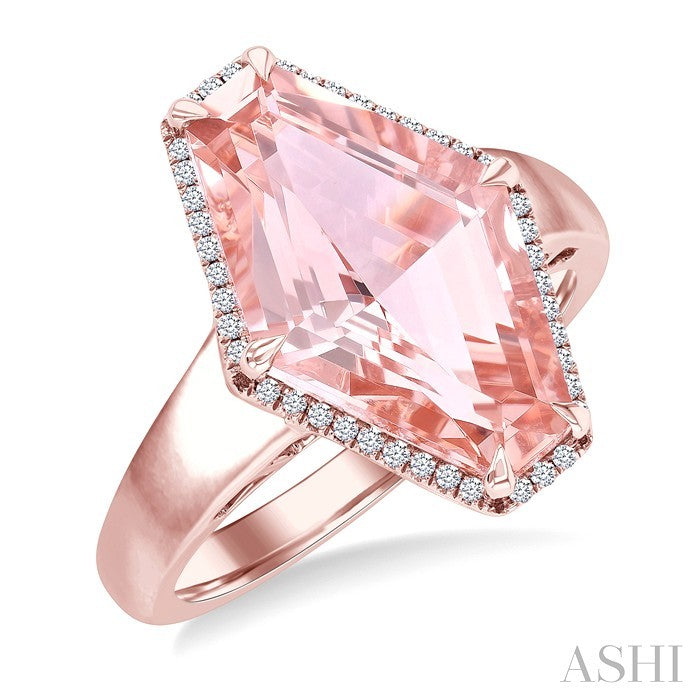 16X10 MM Evoque Gemstones Hexagon Shape Morganite and 1/10 Ctw Round Cut Diamond Halo Semi-Precious Ring in 14K Rose Gold