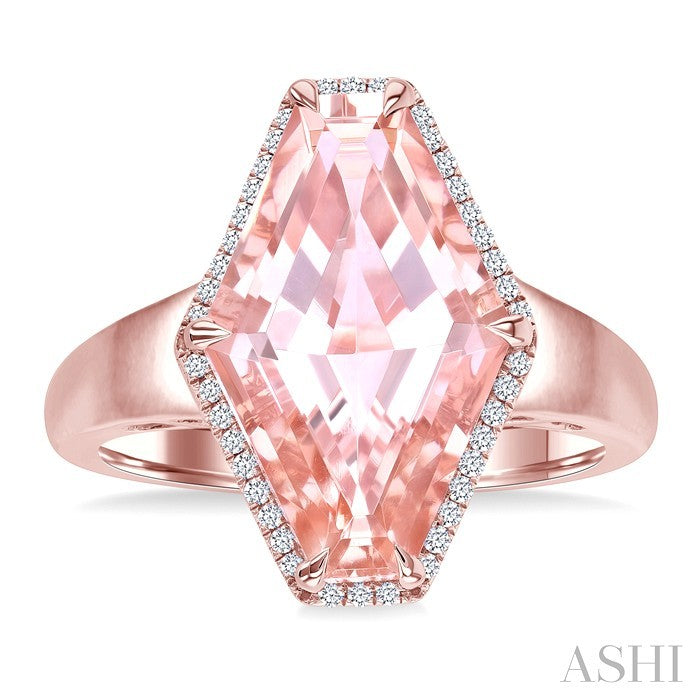 16X10 MM Evoque Gemstones Hexagon Shape Morganite and 1/10 Ctw Round Cut Diamond Halo Semi-Precious Ring in 14K Rose Gold