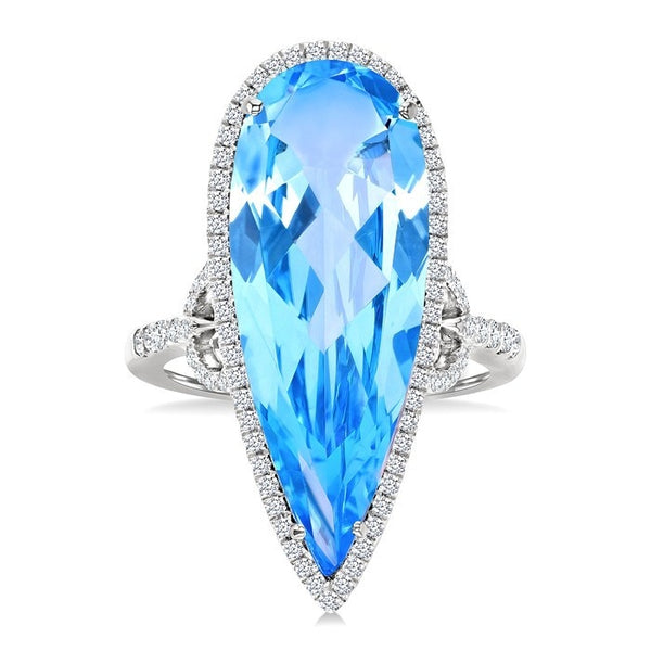 26X10 MM Evoque Gemstones Pear Shape Blue Topaz and 1/2 Ctw Round Cut Diamond Halo Semi-Precious Ring in 14K White Gold
