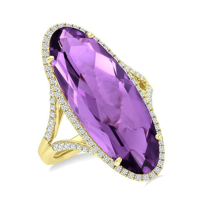 26X10 MM Evoque Gemstones Oval Shape Amethyst and 1/2 Ctw Round Cut Diamond Halo Semi-Precious Ring in 14K Yellow Gold