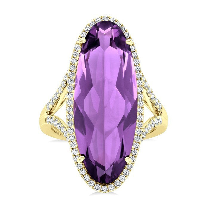 26X10 MM Evoque Gemstones Oval Shape Amethyst and 1/2 Ctw Round Cut Diamond Halo Semi-Precious Ring in 14K Yellow Gold