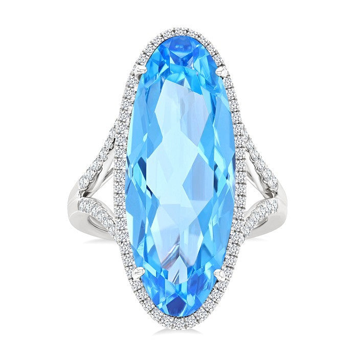26X10 MM Evoque Gemstones Oval Shape Blue Topaz and 1/2 Ctw Round Cut Diamond Halo Semi-Precious Ring in 14K White Gold