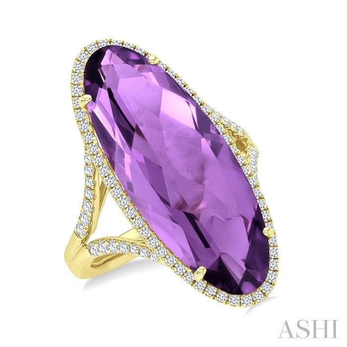 26X10 MM Evoque Gemstones Oval Shape Amethyst and 1/2 Ctw Round Cut Diamond Halo Semi-Precious Ring in 14K Yellow Gold