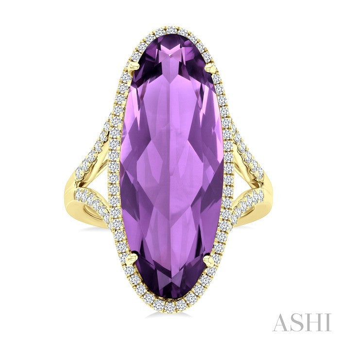 26X10 MM Evoque Gemstones Oval Shape Amethyst and 1/2 Ctw Round Cut Diamond Halo Semi-Precious Ring in 14K Yellow Gold