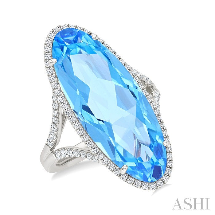 26X10 MM Evoque Gemstones Oval Shape Blue Topaz and 1/2 Ctw Round Cut Diamond Halo Semi-Precious Ring in 14K White Gold