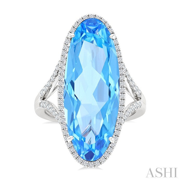 26X10 MM Evoque Gemstones Oval Shape Blue Topaz and 1/2 Ctw Round Cut Diamond Halo Semi-Precious Ring in 14K White Gold