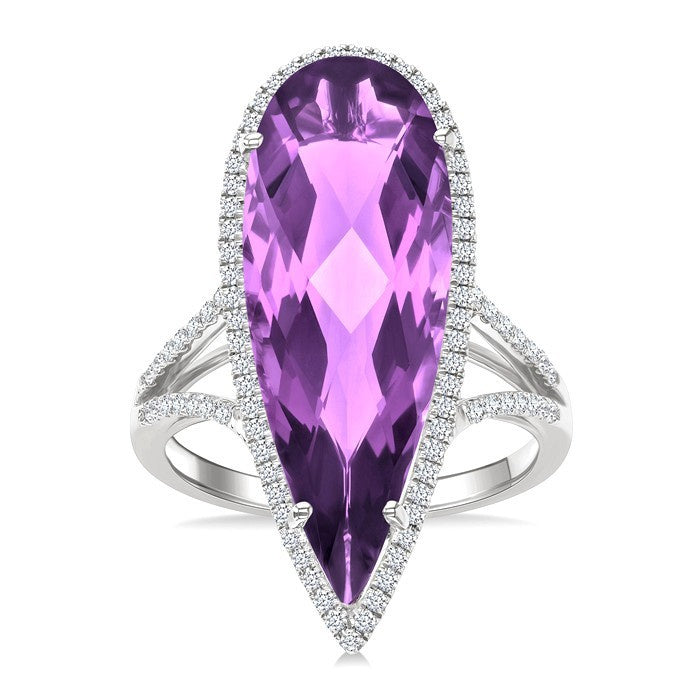 26X9 MM Evoque Gemstones Pear Shape Amethyst and 1/3 Ctw Round Cut Diamond Halo Semi-Precious Ring in 14K White Gold