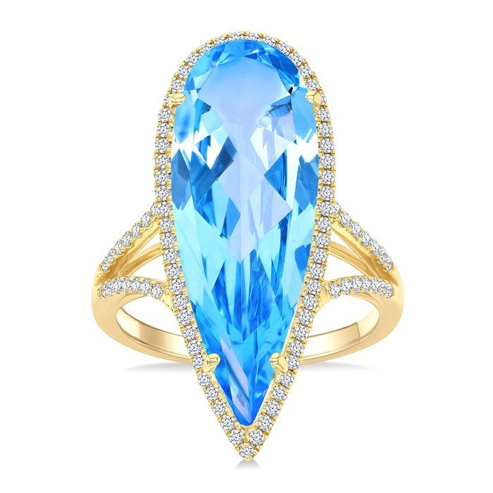 26X9 MM Evoque Gemstones Pear Shape Blue Topaz and 1/3 Ctw Round Cut Diamond Halo Semi-Precious Ring in 14K Yellow Gold