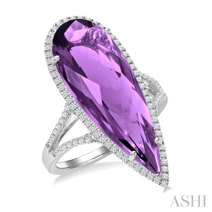 26X9 MM Evoque Gemstones Pear Shape Amethyst and 1/3 Ctw Round Cut Diamond Halo Semi-Precious Ring in 14K White Gold