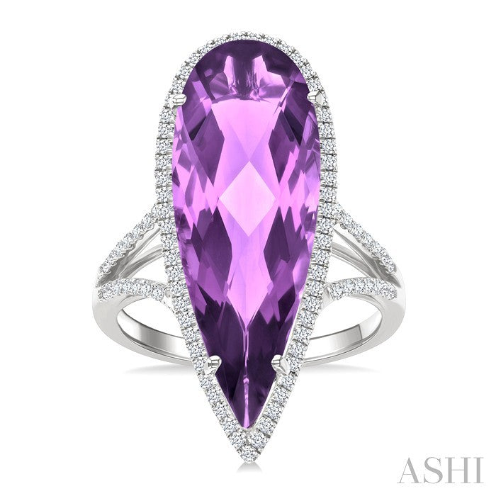 26X9 MM Evoque Gemstones Pear Shape Amethyst and 1/3 Ctw Round Cut Diamond Halo Semi-Precious Ring in 14K White Gold