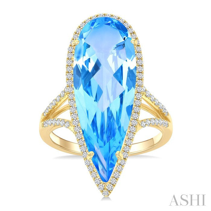 26X9 MM Evoque Gemstones Pear Shape Blue Topaz and 1/3 Ctw Round Cut Diamond Halo Semi-Precious Ring in 14K Yellow Gold