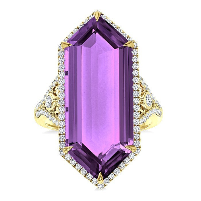 26X10 MM Evoque Gemstones Hexagon Shape Amethyst and 1/2 Ctw Round Cut Diamond Halo Semi-Precious Ring in 14K Yellow Gold