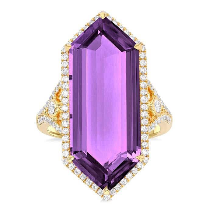Hexagon Shape Gemstone & Halo Diamond Ring