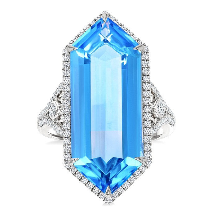 26X10 MM Evoque Gemstones Hexagon Shape Blue Topaz and 1/2 Ctw Round Cut Diamond Halo Semi-Precious Ring in 14K White Gold