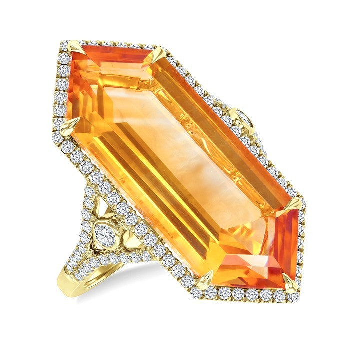 26X10 MM Evoque Gemstone Hexagon Shape Citrine and 1/2 Ctw Round Cut Diamond Halo Semi-Precious Ring in 14K Yellow Gold