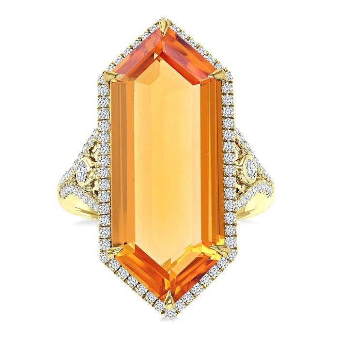 26X10 MM Evoque Gemstone Hexagon Shape Citrine and 1/2 Ctw Round Cut Diamond Halo Semi-Precious Ring in 14K Yellow Gold
