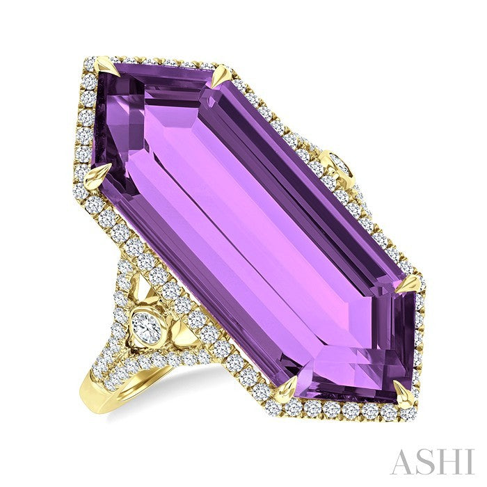 26X10 MM Evoque Gemstones Hexagon Shape Amethyst and 1/2 Ctw Round Cut Diamond Halo Semi-Precious Ring in 14K Yellow Gold
