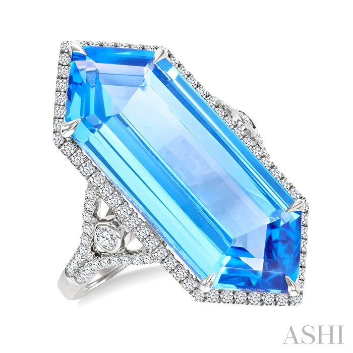 26X10 MM Evoque Gemstones Hexagon Shape Blue Topaz and 1/2 Ctw Round Cut Diamond Halo Semi-Precious Ring in 14K White Gold