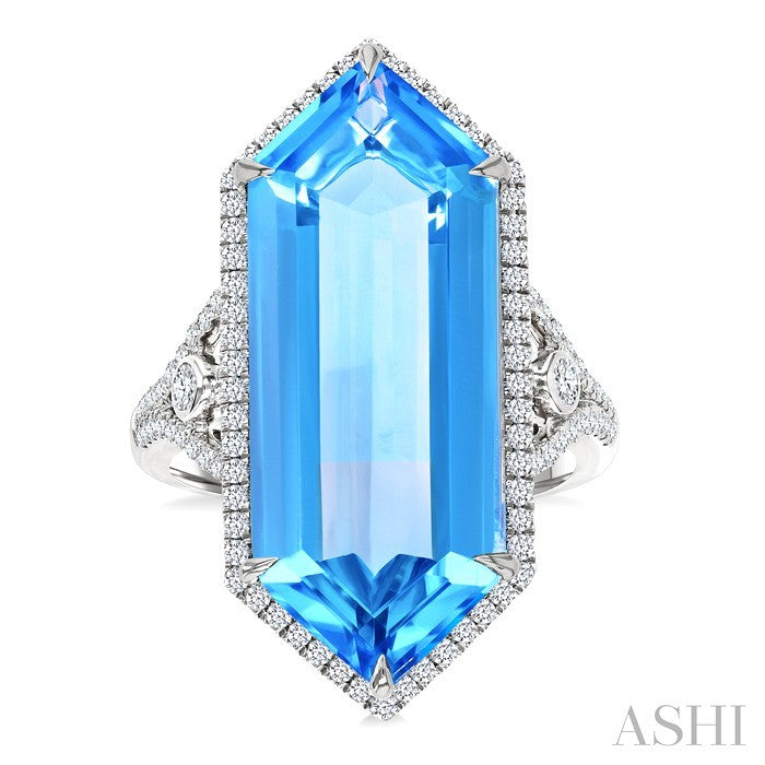 26X10 MM Evoque Gemstones Hexagon Shape Blue Topaz and 1/2 Ctw Round Cut Diamond Halo Semi-Precious Ring in 14K White Gold