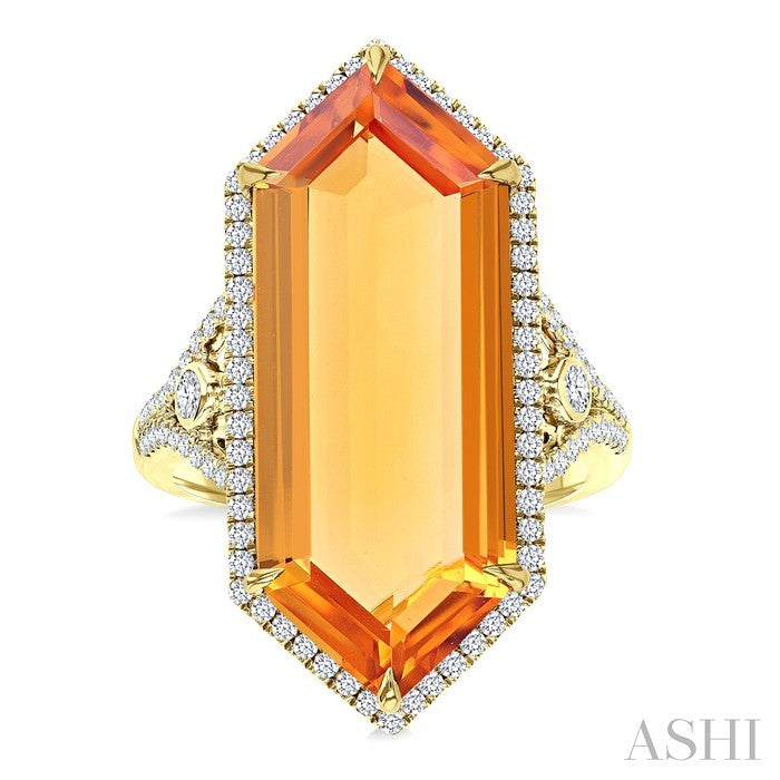 26X10 MM Evoque Gemstone Hexagon Shape Citrine and 1/2 Ctw Round Cut Diamond Halo Semi-Precious Ring in 14K Yellow Gold