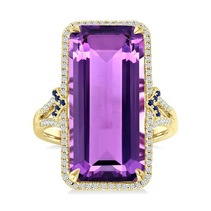 22X10 MM Evoque Gemstones Emerald Shape Amethyst and 0.80 MM Round Sapphire & 1/4 Ctw Round Cut Diamond Halo Semi-Precious Ring in 14K Yellow Gold