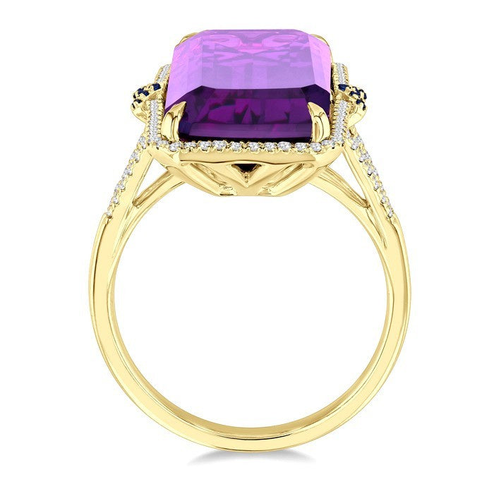 22X10 MM Evoque Gemstones Emerald Shape Amethyst and 0.80 MM Round Sapphire & 1/4 Ctw Round Cut Diamond Halo Semi-Precious Ring in 14K Yellow Gold