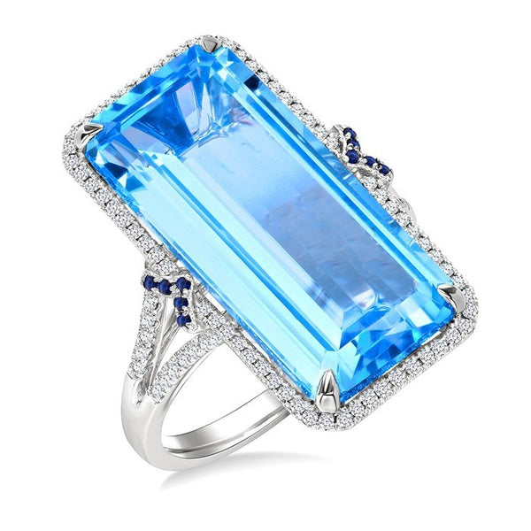 22X10 MM Evoque Gemstone Emerald Cut BlueTopaz and 0.80 MM Round Sapphire & 1/4 Ctw Round Diamond Halo Precious & Semi-Precious Ring in 14K White Gold