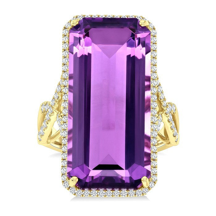 26X12 MM Evoque Gemstones Emerald Shape Amethyst and 1/2 Ctw Round Cut Diamond Halo Semi-Precious Ring in 14K Yellow Gold