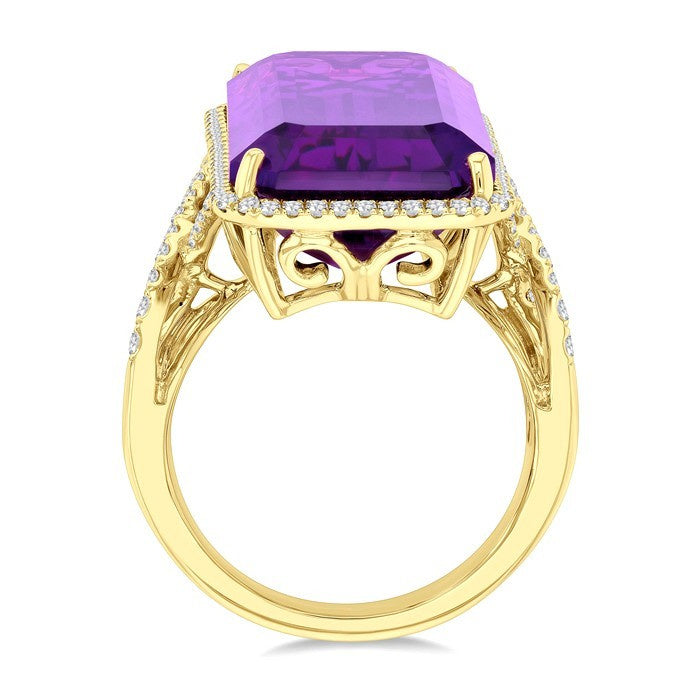 26X12 MM Evoque Gemstones Emerald Shape Amethyst and 1/2 Ctw Round Cut Diamond Halo Semi-Precious Ring in 14K Yellow Gold