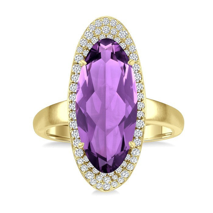18X8 MM Evoque Gemstones Oval Shape Amethyst and 1/3 Ctw Round Cut Diamond Halo Semi-Precious Ring in 14K Yellow Gold