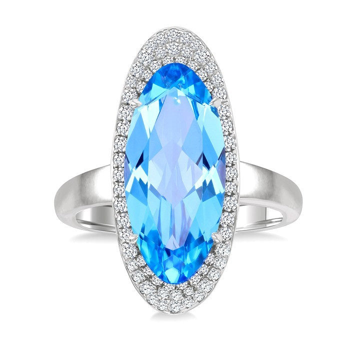 18X8 MM Evoque Gemstones Oval Shape Blue Topaz and 1/3 Ctw Round Cut Diamond Halo Semi-Precious Ring in 14K White Gold