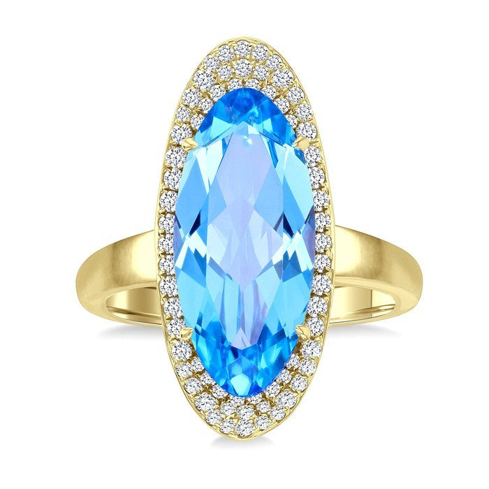 18X8 MM Evoque Gemstones Oval Shape Blue Topaz and 1/3 Ctw Round Cut Diamond Halo Semi-Precious Ring in 14K Yellow Gold