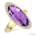 18X8 MM Evoque Gemstones Oval Shape Amethyst and 1/3 Ctw Round Cut Diamond Halo Semi-Precious Ring in 14K Yellow Gold
