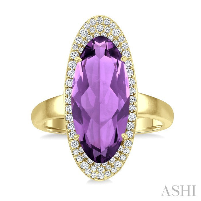 18X8 MM Evoque Gemstones Oval Shape Amethyst and 1/3 Ctw Round Cut Diamond Halo Semi-Precious Ring in 14K Yellow Gold