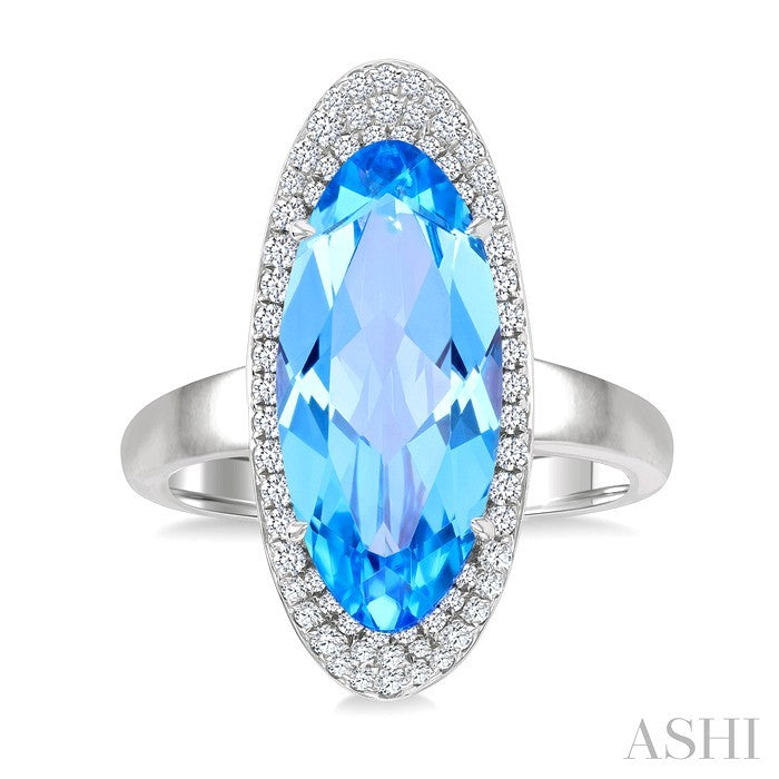 18X8 MM Evoque Gemstones Oval Shape Blue Topaz and 1/3 Ctw Round Cut Diamond Halo Semi-Precious Ring in 14K White Gold