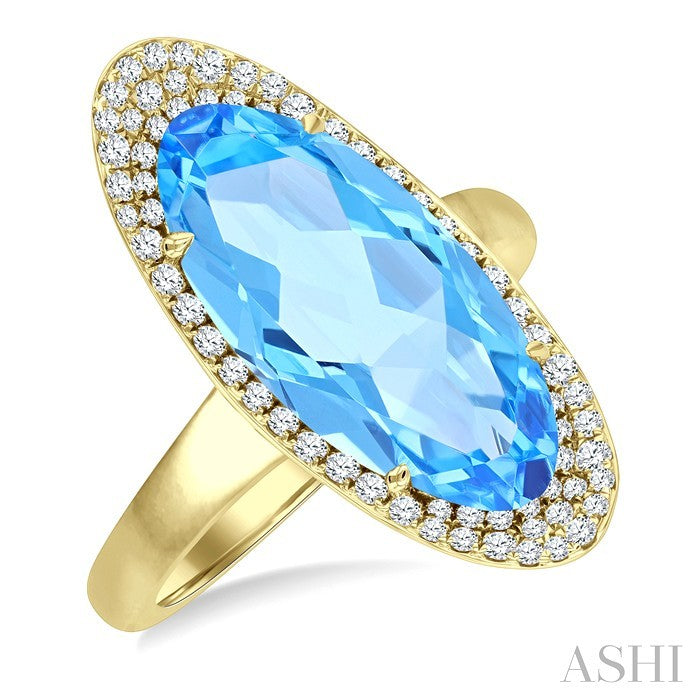 18X8 MM Evoque Gemstones Oval Shape Blue Topaz and 1/3 Ctw Round Cut Diamond Halo Semi-Precious Ring in 14K Yellow Gold