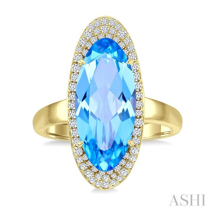 18X8 MM Evoque Gemstones Oval Shape Blue Topaz and 1/3 Ctw Round Cut Diamond Halo Semi-Precious Ring in 14K Yellow Gold