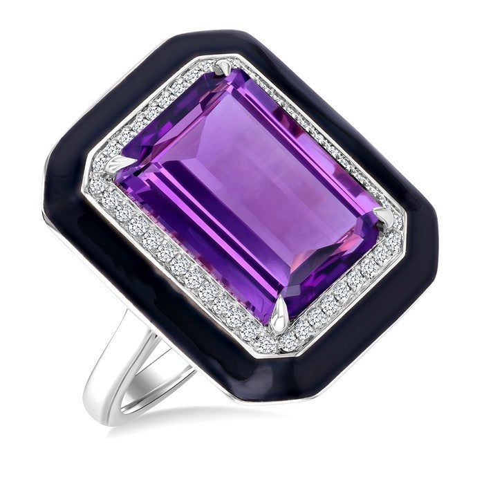 14X10 MM Evoque Gemstones Emerald Shape Amethyst and 1/5 Ctw Round Cut Diamond Halo & Black Enamel Border Semi-Precious Ring in 14K White Gold